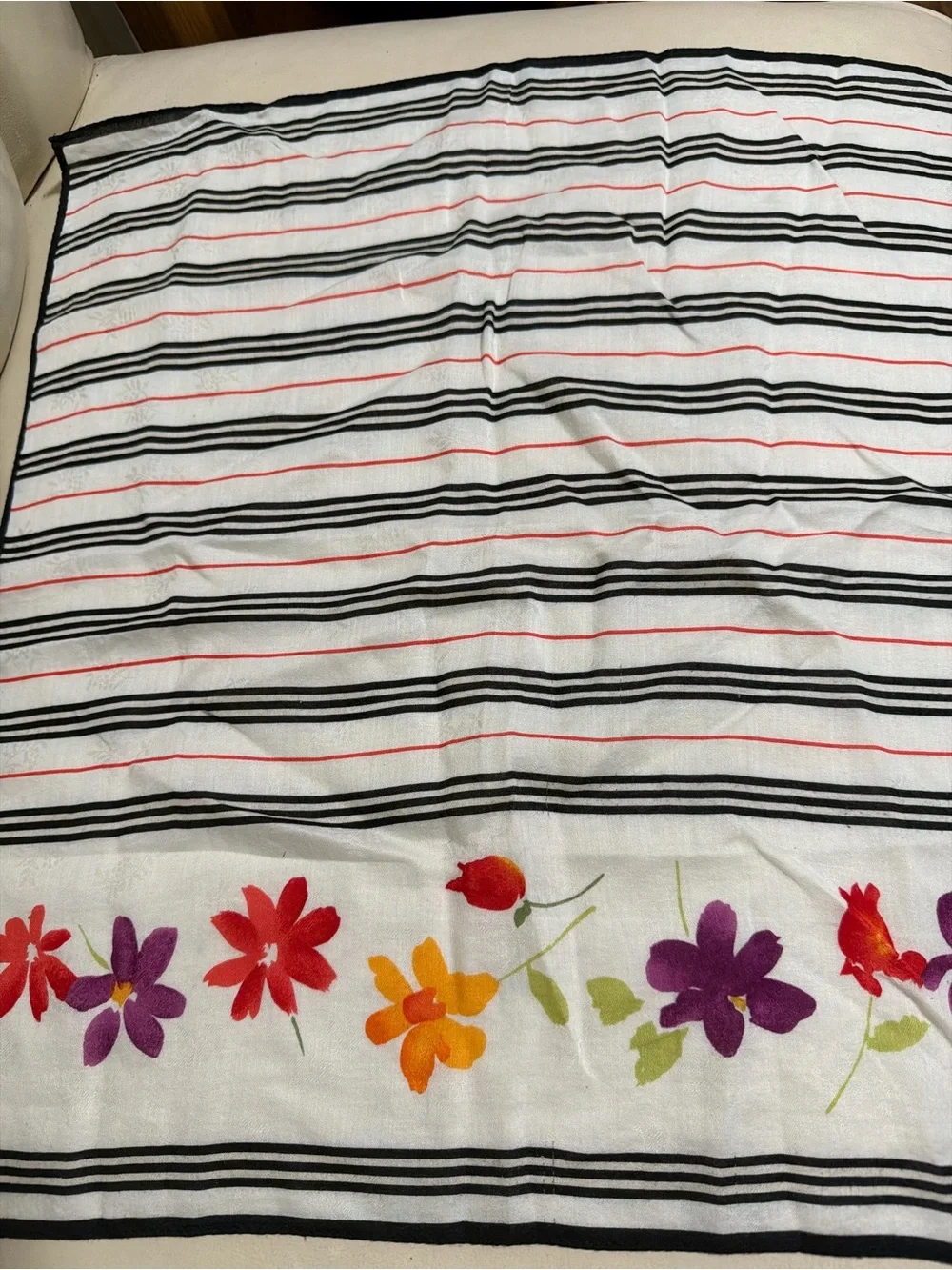 Burberry White Scarf with Black Stripes and Multicolor Floral Border